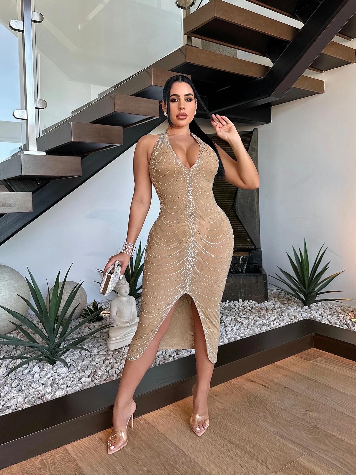 Celeste Rhinestone Halter Midi Dress