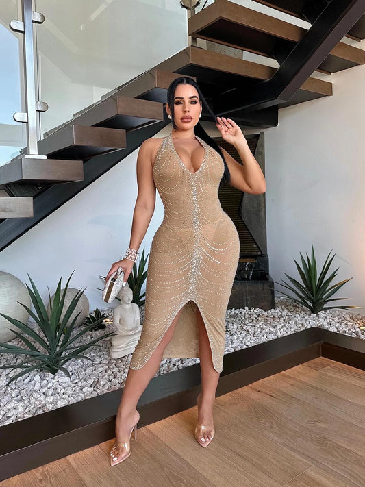 Celeste Rhinestone Halter Midi Dress