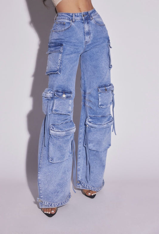 Oversized Cargo Jeans for Women | Vintage Blue Denim Wide Leg Pants | Y2K Street Style Trousers