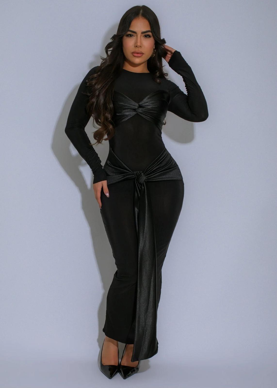 Long-Sleeve Knotted Draped Dress