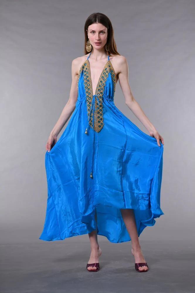 Ocean Empress Halter Dress – Blue Silk & Golden Detail