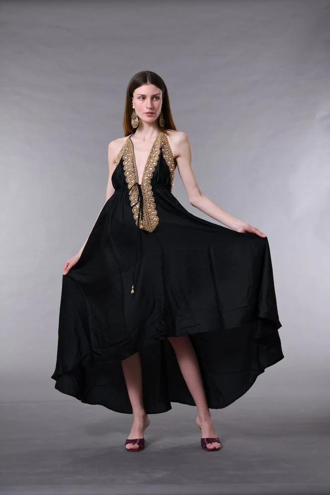 Ocean Empress Halter Dress – Blue Silk & Golden Detail