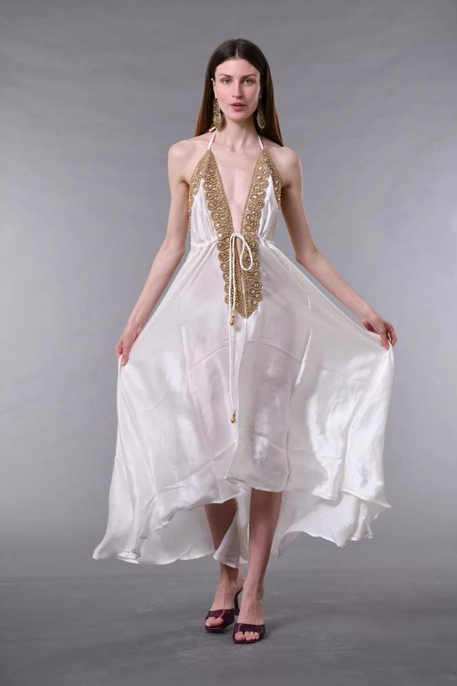 Ocean Empress Halter Dress – Blue Silk & Golden Detail