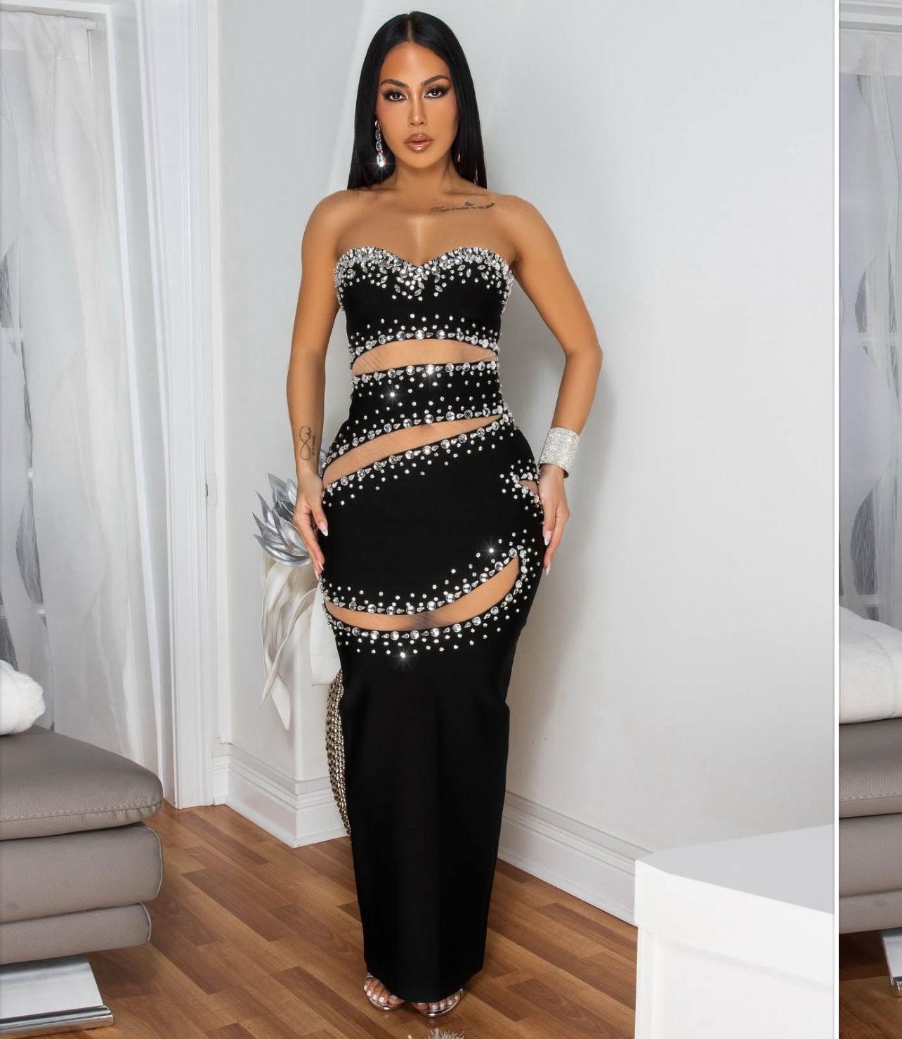 Starlight Siren Strapless Gown – Black Mesh & Crystal Swirl