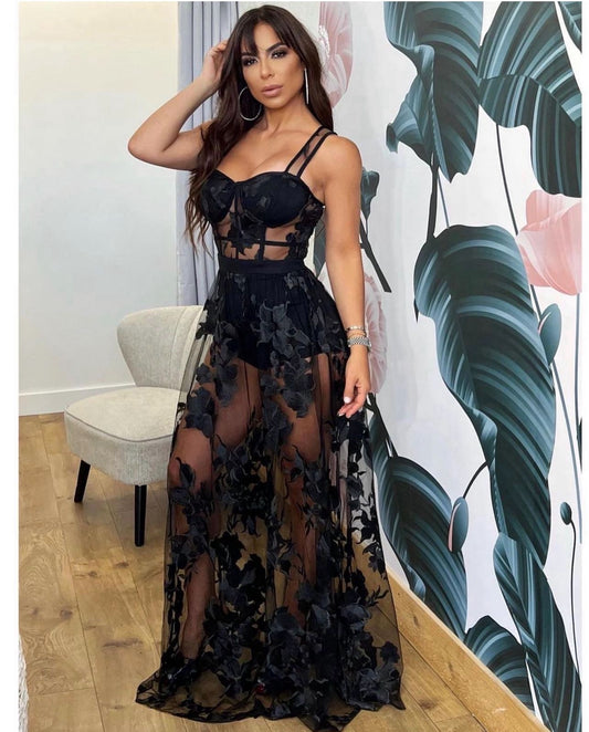 Sultry Black Sheer Corset Gown with 3D Floral Appliqué