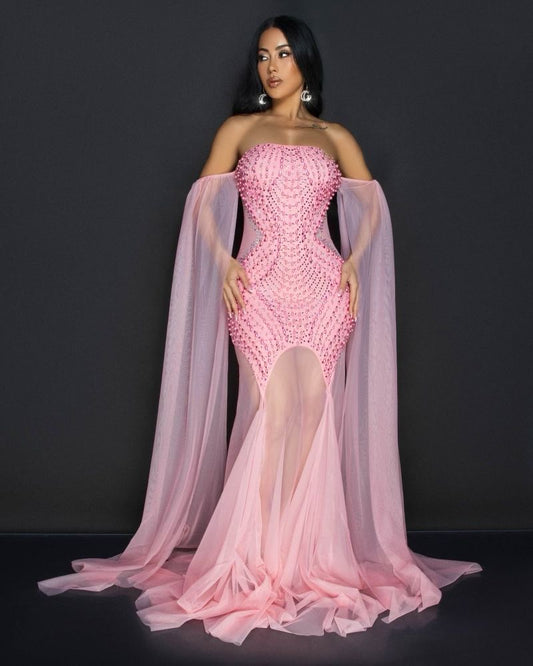 Ethereal Pink Off-Shoulder Gown with Sheer Cape Sleeves