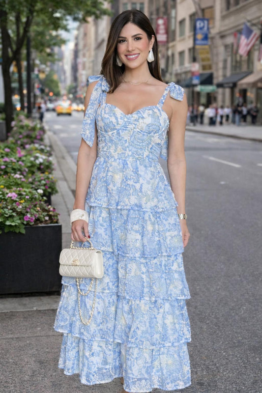 Positano Tie-Shoulder Tiered Maxi Dress – Sky Blue Floral