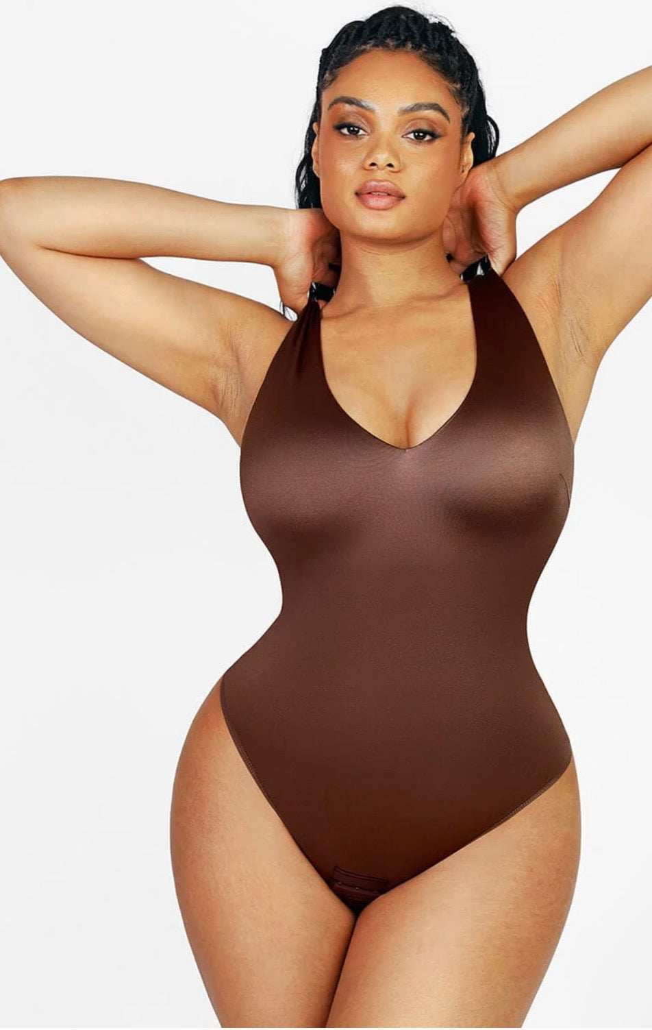 Sculpting Brown Bodysuit with Deep V-Neckline - Flattering and Chic