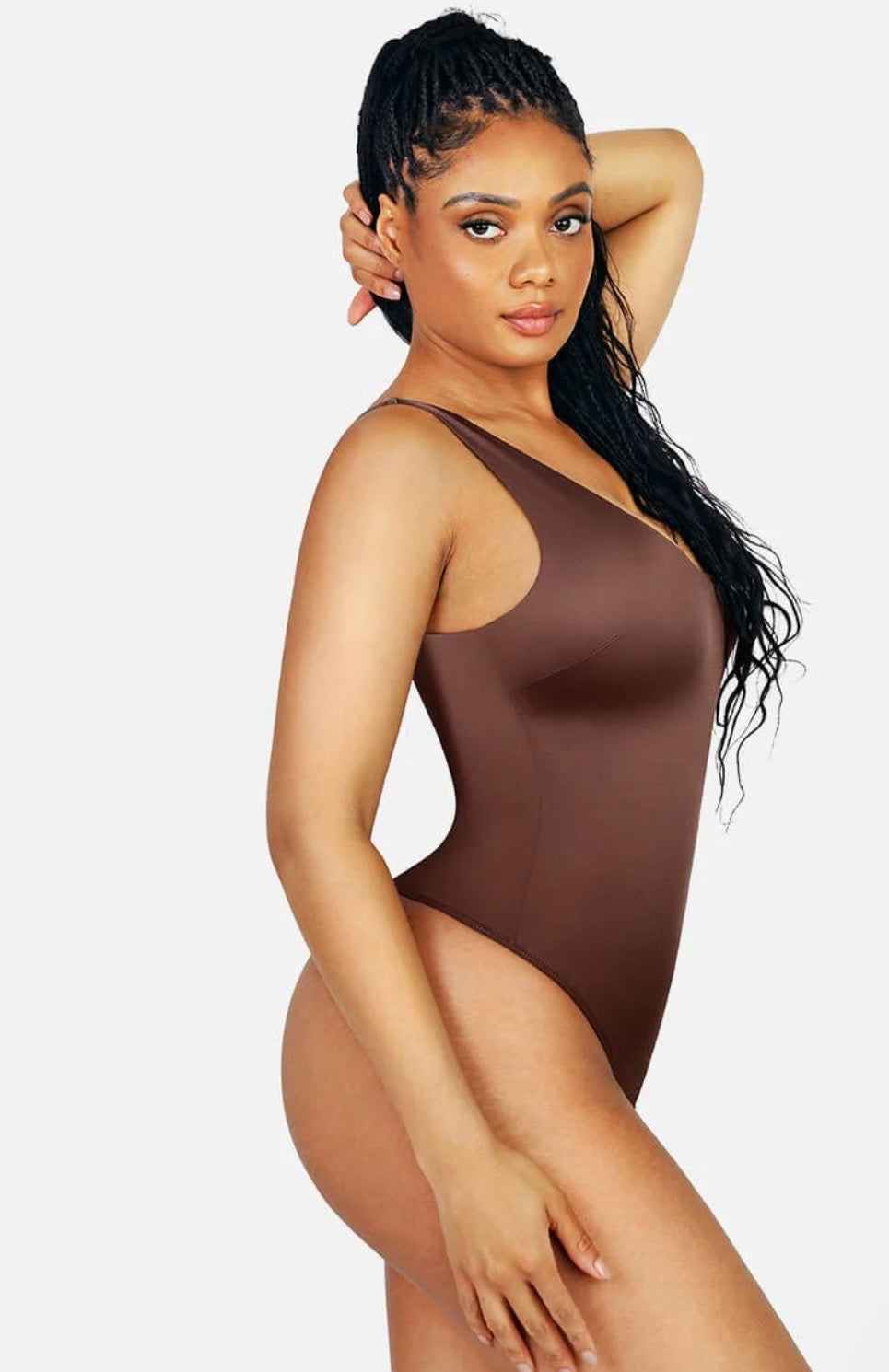 Sculpting Brown Bodysuit with Deep V-Neckline - Flattering and Chic