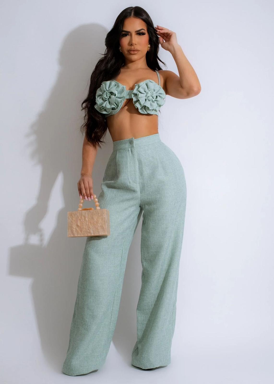 Floral Ruffle Crop Top & Textured Wide-Leg Pants