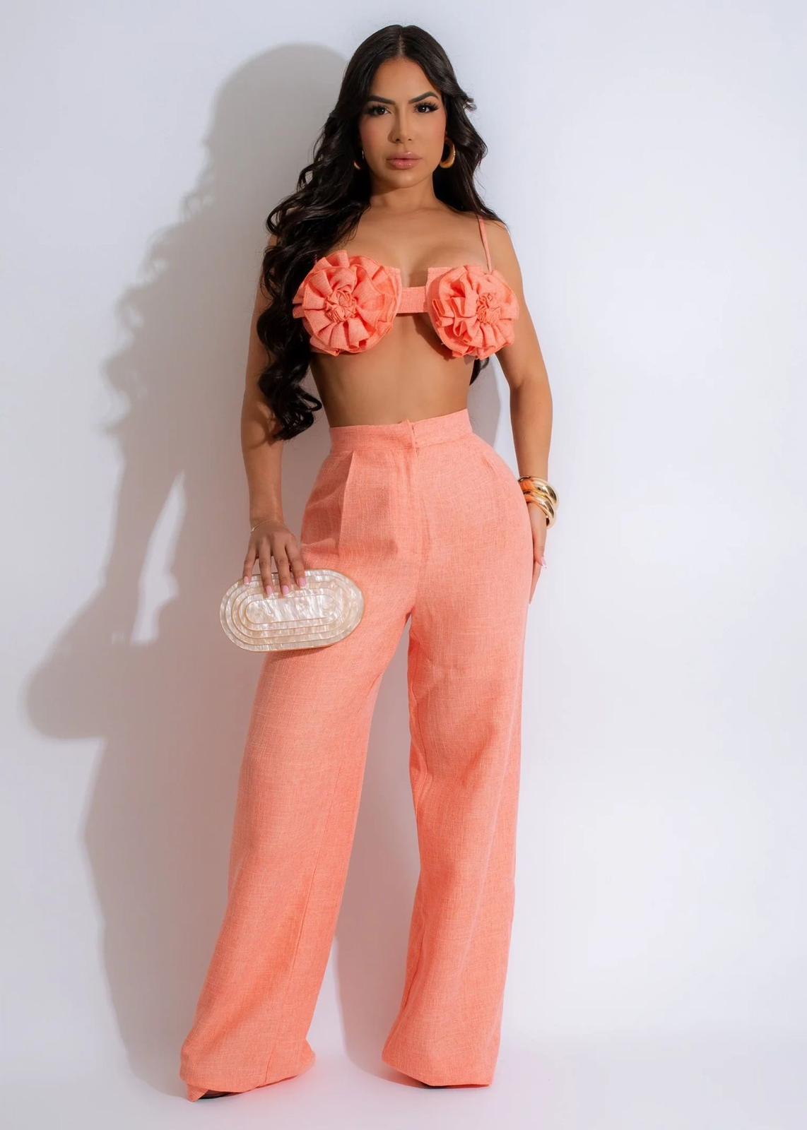 Floral Ruffle Crop Top & Textured Wide-Leg Pants