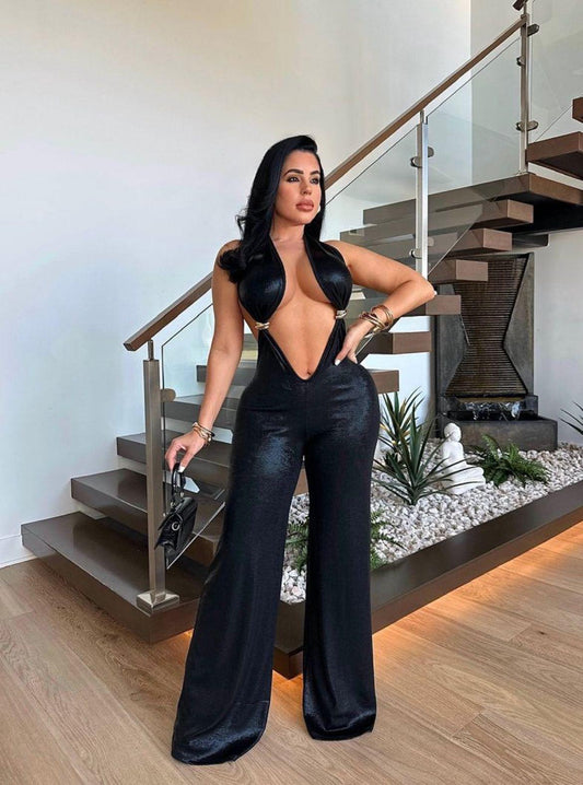 Deep-V Wide-Leg Jumpsuit