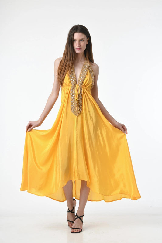 Ocean Empress Halter Dress – Blue Silk & Golden Detail