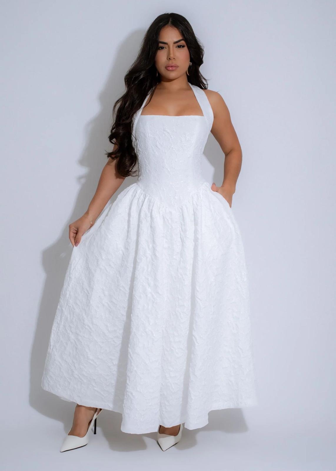 Ivory Bloom Halter Dress – Elegant Texture & Volume