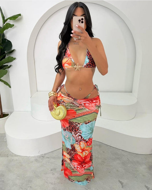 Tropical Paradise 3-Piece Bikini Set with Sarong Skirt