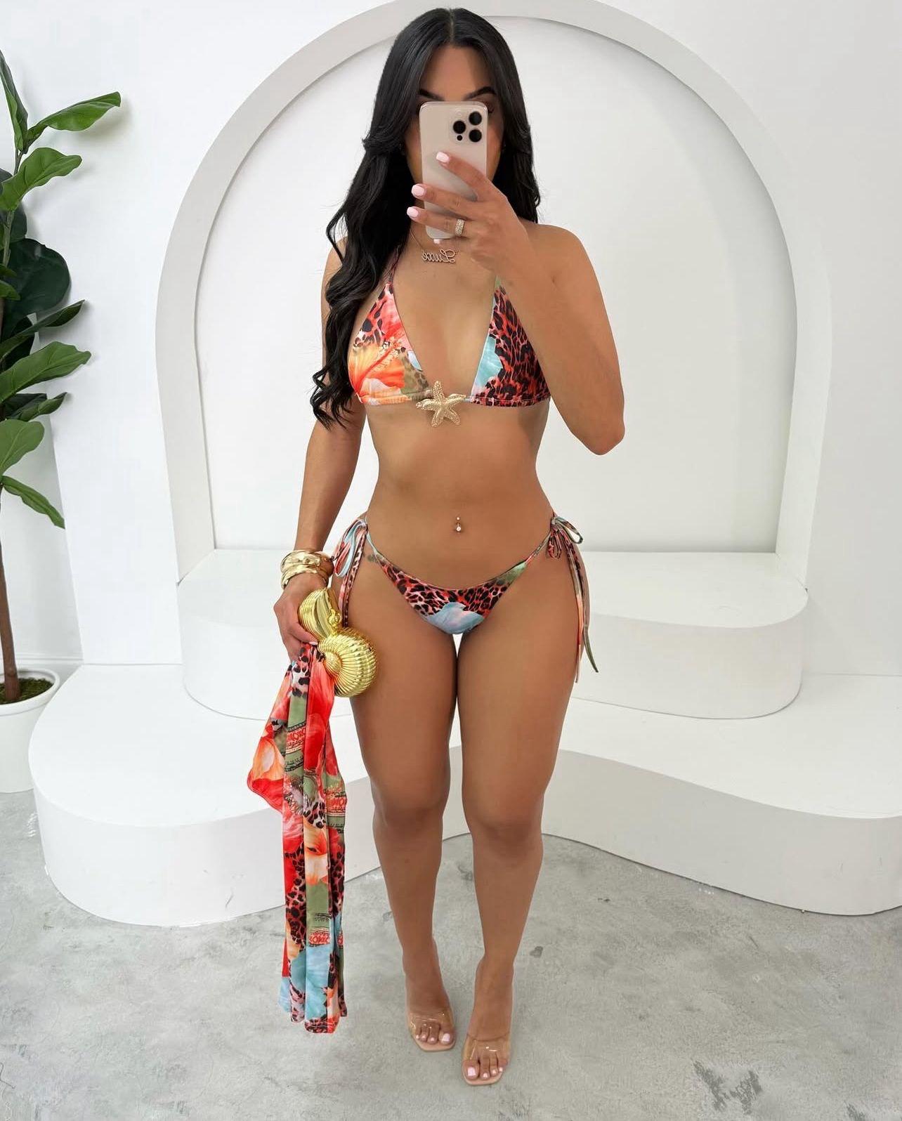 Tropical Paradise 3-Piece Bikini Set with Sarong Skirt